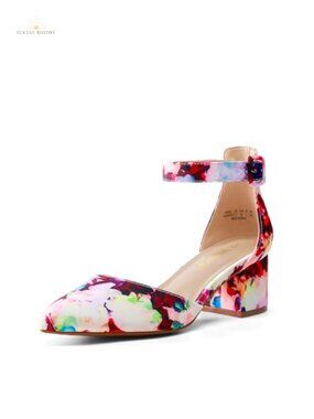 Pointed Toe Low Chunky Heel Pumps Ankle Strap Buckle Embroidered Floral Heels